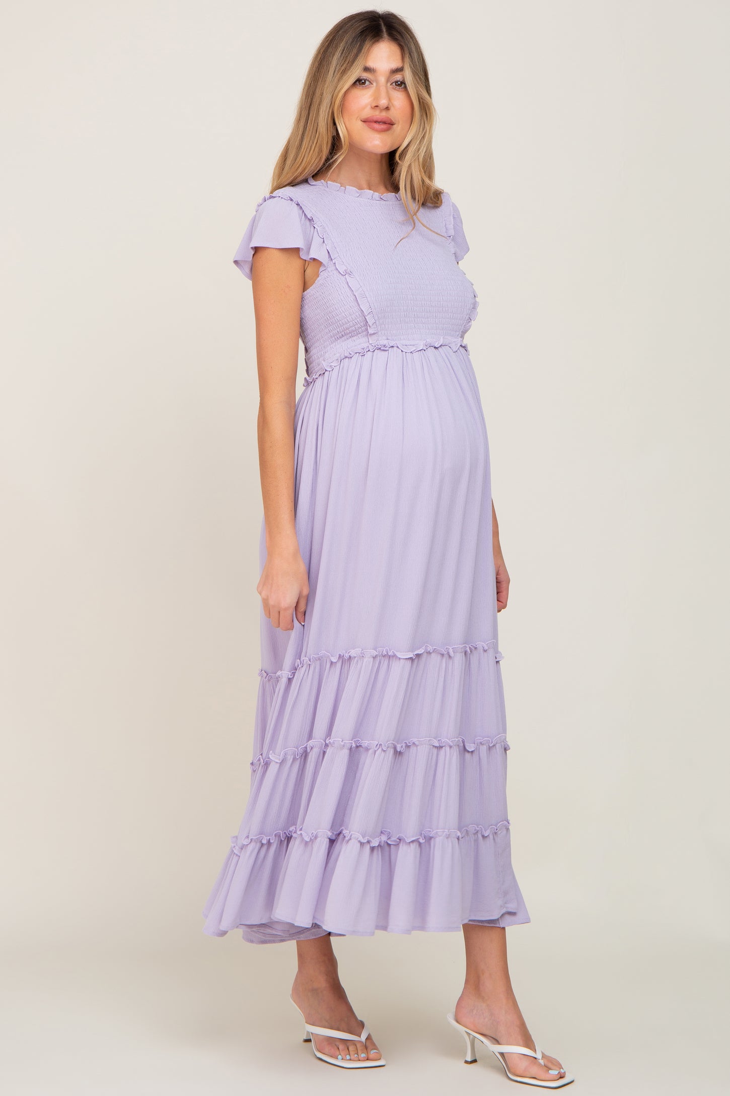 Lavender Smocked Ruffle Accent Tiered Maternity Maxi Dress– PinkBlush