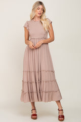 Mocha Smocked Ruffle Accent Tiered Maternity Maxi Dress