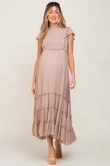 Mocha Smocked Ruffle Accent Tiered Maternity Maxi Dress