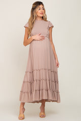 Mocha Smocked Ruffle Accent Tiered Maternity Maxi Dress