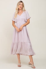 Grey Lavender Satin Smocked Maternity Midi Dress