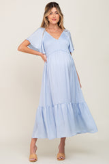 Light Blue Satin Smocked Maternity Midi Dress