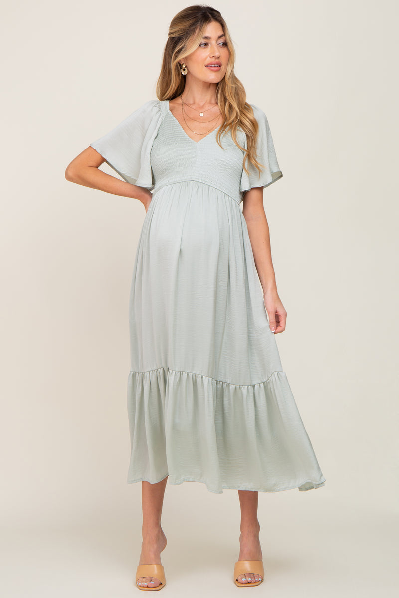 Mint Green Satin Smocked Maternity Midi Dress – PinkBlush