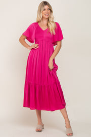 Magenta Satin Smocked Midi Dress