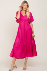 Magenta Satin Smocked Midi Dress