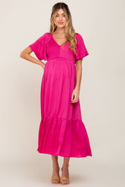 Magenta Satin Smocked Maternity Midi Dress