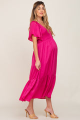 Magenta Satin Smocked Maternity Midi Dress