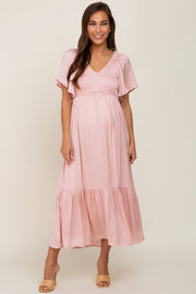 Light Pink Satin Smocked Maternity Midi Dress