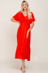 Red Satin Smocked Midi Dress