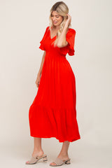 Red Satin Smocked Midi Dress