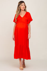 Red Satin Smocked Maternity Midi Dress