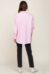 Pink Striped Button Down Front Pocket Top