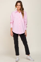 Pink Striped Button Down Front Pocket Top