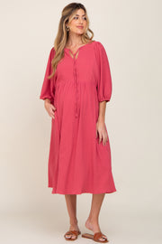 Magenta Front Tie Keyhole 3/4 Sleeve Maternity Midi Dress