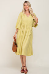 Yellow Front Tie Keyhole 3/4 Sleeve Midi Dress