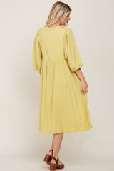 Yellow Front Tie Keyhole 3/4 Sleeve Midi Dress