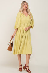 Yellow Front Tie Keyhole 3/4 Sleeve Midi Dress