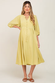 Yellow Front Tie Keyhole 3/4 Sleeve Maternity Midi Dress