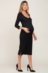 Black Ribbed Ruched Shoulder Side Slit Maternity Midi Dress