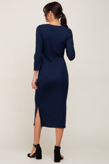 Navy Blue Ribbed Ruched Shoulder Side Slit Midi Dress