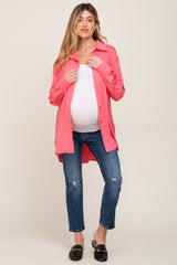 Coral Button Down Collared High-Low Hem Maternity Blouse