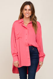 Coral Button Down Collared High-Low Hem Blouse