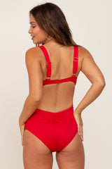 Red Smocked Back Cutout Maternity One Piece Swimsuit