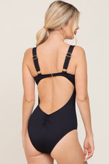 Black Smocked Back Cutout One Piece Swimsuit