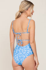 Blue Leaf Print Ruffle Trim One Piece Swimsuit