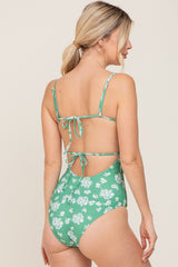 Green Floral Ruffle Trim One Piece Swimsuit