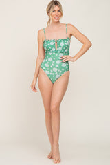 Green Floral Ruffle Trim One Piece Swimsuit