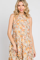 Taupe Floral Ruffle Mock Neck Tiered Maxi Dress