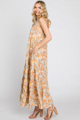 Taupe Floral Ruffle Mock Neck Tiered Maxi Dress