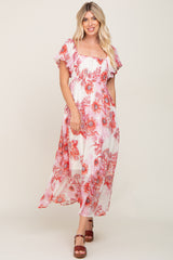 Red Floral Chiffon Puff Sleeve Maternity Maxi Dress