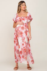 Red Floral Chiffon Puff Sleeve Maternity Maxi Dress