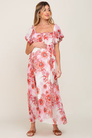 Red Floral Chiffon Puff Sleeve Maternity Maxi Dress