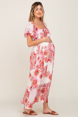 Red Floral Chiffon Puff Sleeve Maternity Maxi Dress