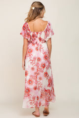 Red Floral Chiffon Puff Sleeve Maternity Maxi Dress