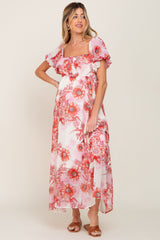 Red Floral Chiffon Puff Sleeve Maternity Maxi Dress