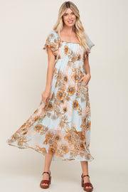 Light Blue Floral Chiffon Puff Sleeve Maxi Dress