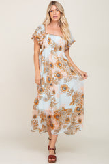 Light Blue Floral Chiffon Puff Sleeve Maxi Dress