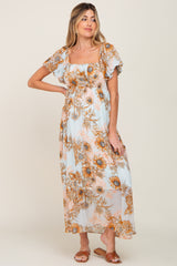 Light Blue Floral Chiffon Puff Sleeve Maternity Maxi Dress