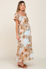 Light Blue Floral Chiffon Puff Sleeve Maternity Maxi Dress