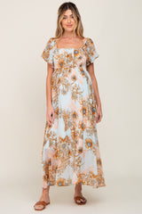 Light Blue Floral Chiffon Puff Sleeve Maternity Maxi Dress