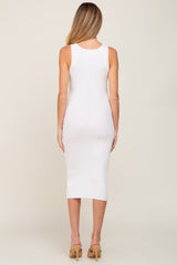 White Fitted Knit Maternity Midi Dress