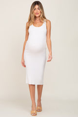 White Fitted Knit Maternity Midi Dress