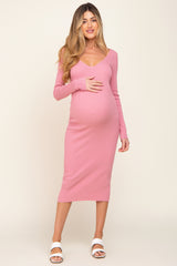 Pink Knit Ribbed Maternity Midi Dress