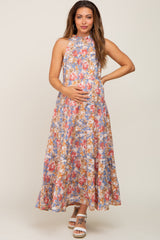 Blue Floral Ruffle Mock Neck Tiered Maternity Maxi Dress