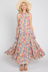 Blue Floral Ruffle Mock Neck Tiered Maternity Maxi Dress