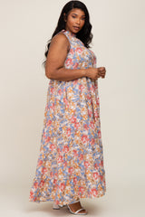 Blue Floral Ruffle Mock Neck Tiered Plus Maxi Dress